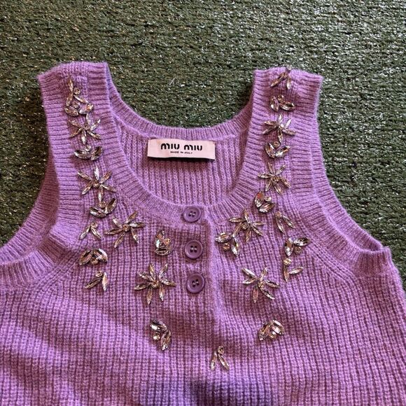 Women’s MIU MIU Crystal Jeweled Stretchy Tank Top Size 36 / XS purple Top AUTH - Picture 2 of 9